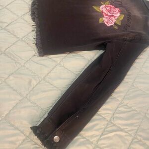 Love Tree Black Cropped Jeans with Pink Floral Embroidery